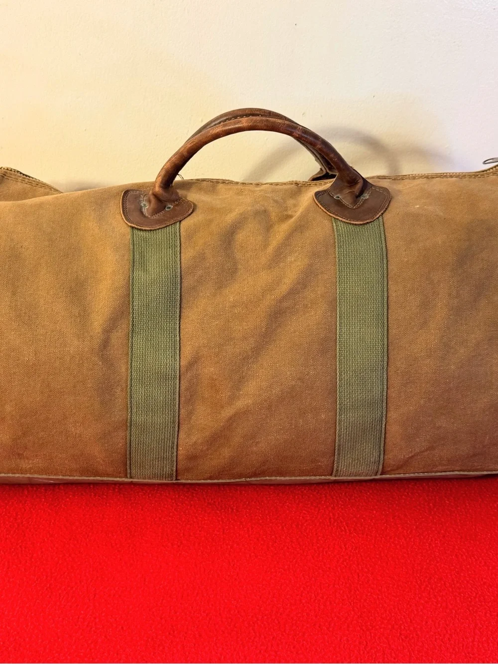 Large Vintage 80s LL Bean Duffle Bag Canvas Leather Trim Sawtooth Made in USA